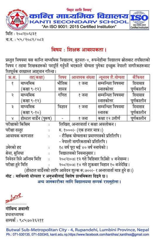 Teacher Vacany Notice